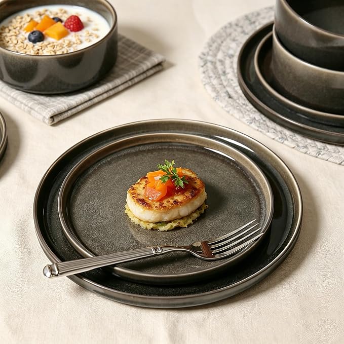 Stoneware Dinnerware Sets, Plates and Bowls Set for 4, 12-Piece Modern Stoneware Dinnerware – Chip Resistant, Non-Toxic, Dishwasher and Microwave Safe Tableware，Glossy Black