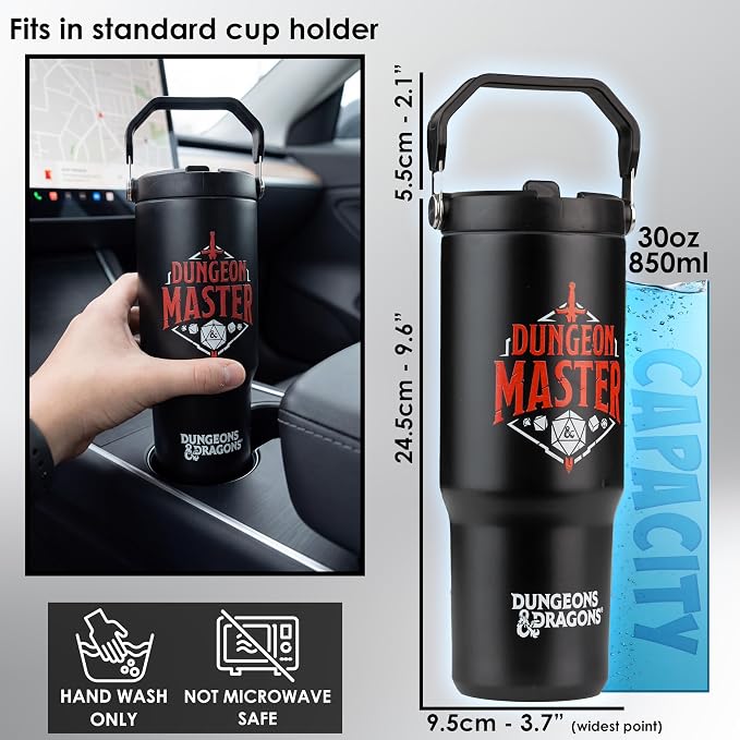Get Trend Dungeons & Dragons 30oz Tumbler with Handle and Straw, Stainless Steel Insulated Water Bottle,BPA-Free,Leak-Proof, Cold for 12h, Hot 5h, Gifts for Men, Teens(Black/Red D&D)