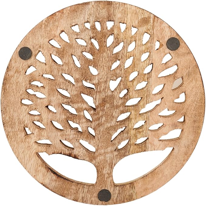 Wedding Gifts Set of 2 Wooden Trivets for Hot Dishes Pots and Pans Tea Pot Holders Hot Pads Tree of Life Design Modern Farmhouse Kitchen Counter Decor Dia 8'' Inch (Burnt)