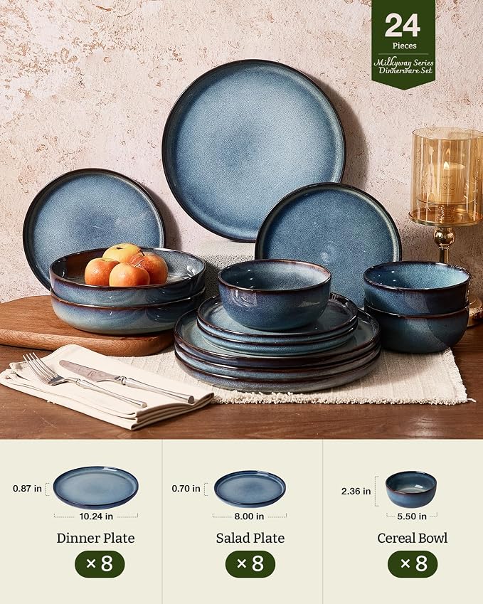 Famiware Milkyway Stoneware Dinnerware Set, 24-Piece, Double Reactive Glaze, Plates and Bowls, Service for 8, Microwave and Dishwasher Safe, Scratch-Resistant, Dusty Blue