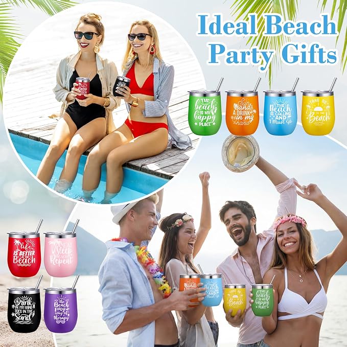 Sliner 8 Pcs Beach Girls Trip Wine Tumbler with Lids Summer Beach Travel Gifts 12oz Stainless Steel Wine Cups for Girls Women Weekend Trip Vacation Cruise Seaside Gifts