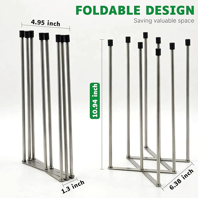 Reusable Bags Drying Rack, Extra Tall for 1 Gallon Zip-Top Reusable Bags, Foldable Stainless Steel Dryer Stand for Silicone & Plastic, Sandwich & Snack, Countertop Organizer, Silver, 2-Pack