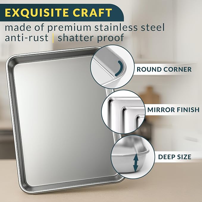 Baker’s Signature Stainless Steel Cookie Sheet Pan, Stainless Steel Baking Sheet Set of 3, Mirror Finish, Non-Stick, Rust Resistant, BPA Free, Dishwasher Safe, 9/12/16 Inch