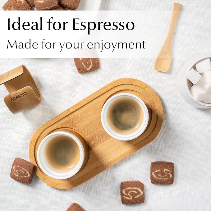 MIAMIO – Espresso Cups Set of 4 (3.5 oz) Japanese Tea Cups Ceramic/Handleless Mug with removable Wooden Cuff/Coffee Cups without Handle (White)