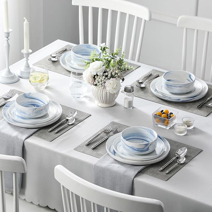 MALACASA Plates and Bowls Sets, 12 Pieces Porcelain Dinnerware Sets Dishware Sets Chip Resistant Ceramic Dish Set Dining Dinner Ware Service for 4, Marble Blue, Series LUNA
