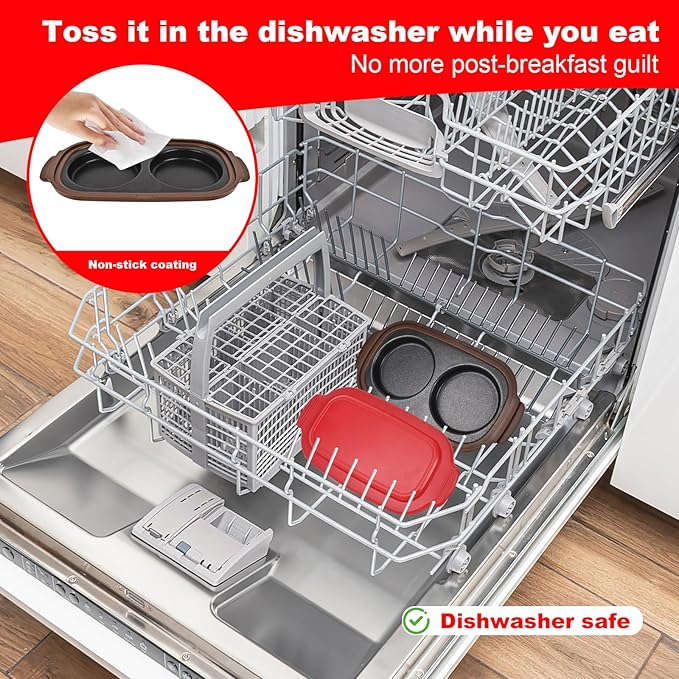 Microwave Egg Poacher & Cooker for 2 Eggs – Multi-Use Fryer with Silicone Lid, Makes Bacon, Omelets & Breakfast Sandwiches | Dishwasher Safe, BPA-Free, Portable for Dorm, Travel, Office (Red)