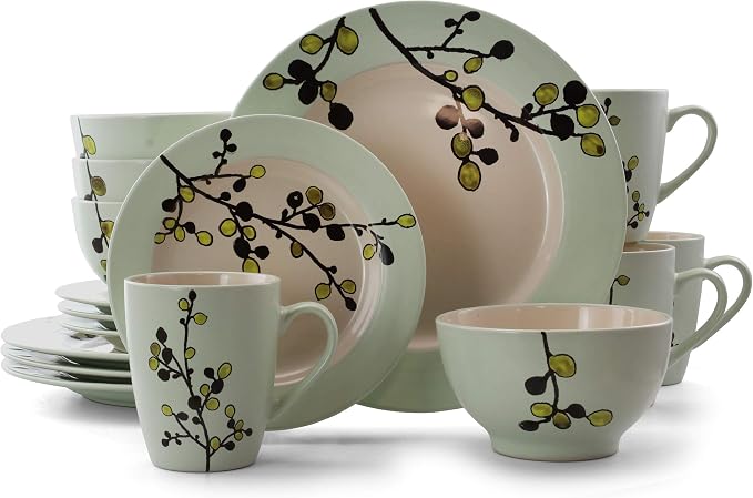 Elama RETROBLOOM Retro Bloom 16 Piece Luxurious Stoneware Dinnerware with Complete Setting for 4, 16pc, Green