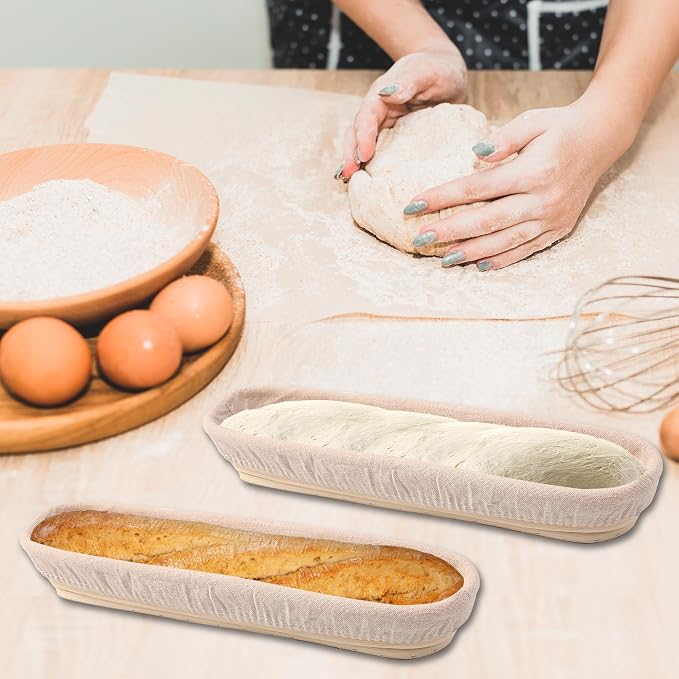 Banneton Bread Proofing Basket - 15 Inch Baguette Sourdough Bread Basket with Liner - Set of 2- Natural Rattan-Mother's Gifts
