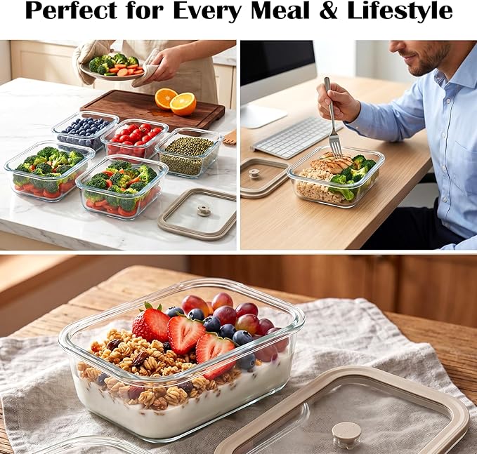 4 Pack Glass Meal Prep Containers with Glass Lids, Plastic-Free Glass Food Storage Containers, Multi-Size Glass Food Prep Containers for Lunch, Leftovers, Microwave, Freezer (12, 21, 35, 50 oz)