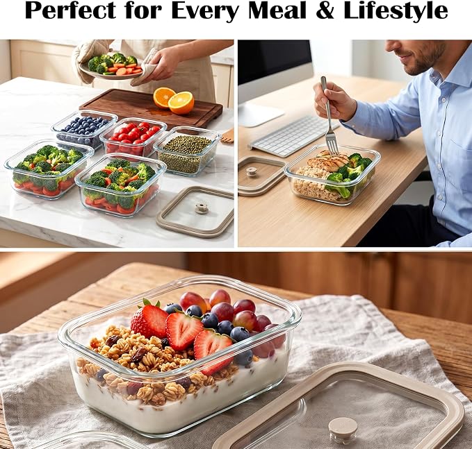 2 Pack 50 oz Large Glass Food Storage Containers with Lids,6.2 Cups Airtight Meal Prep Containers, Non-Toxic Glass Containers for Vegetables, Fruits, Microwave, Dishwasher
