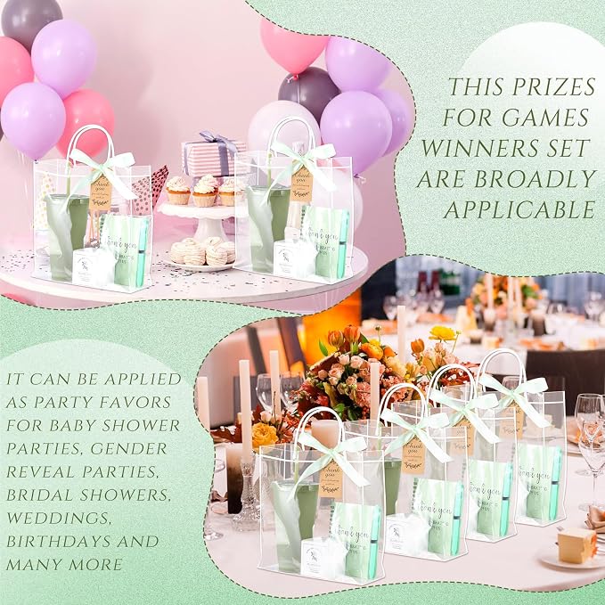 Nuogo 12 Sets New Parent Shower Prizes for Player Winners Adult, Wedding Bridal Shower Gift, Plastic Tumbler Notebook Scented Candle Ballpoint Pen Bag (Green Color,Classic Style)