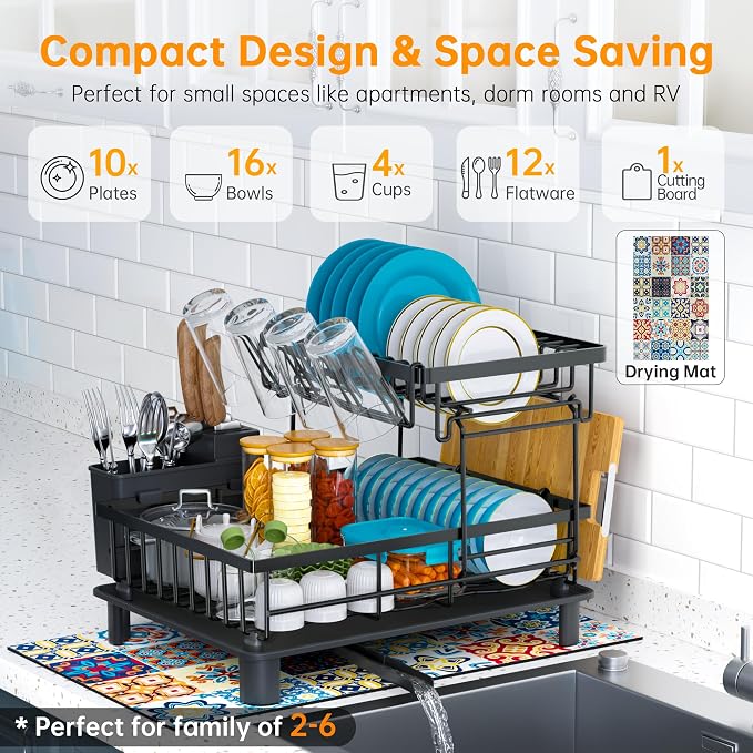 Dish Drying Rack, 2 Tier Dish Racks for Kitchen Counter, Compact Drying Rack Kitchen, Rust-Resistant Dish Drainer, Detachable Space-Saving Dish Rack with Drainboard, Utensil Holder, Black