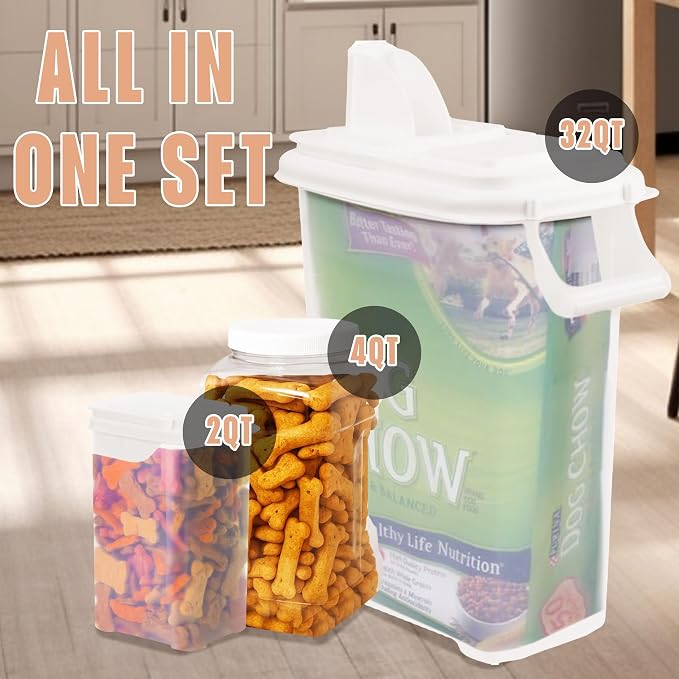 Buddeez Pet Food Storage Solution (Set of 3) - 32QT, 4QT & 2QT BPA-Free Containers with Scoop & Pour Spout for Dry Food, Treats, Chews (White Lid)