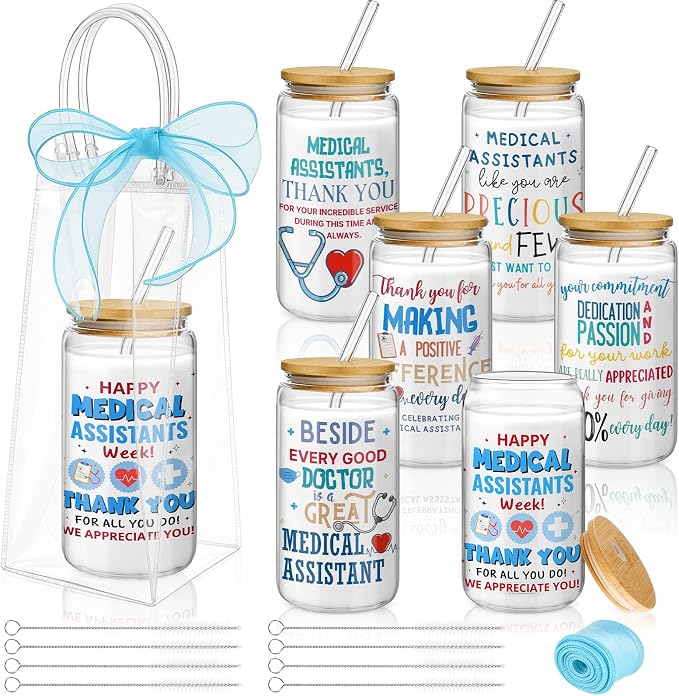 Mumufy 6 Sets Medical Assistants Glass Cups with Clear Gift Bag 16 oz Reusable blue Iced Coffee Mugs Aesthetic Cute Tumbler with Lids and Straws, Gifts for Girls Women Bridesmaid