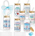 Mumufy 6 Sets Medical Assistants Glass Cups with Clear Gift Bag 16 oz Reusable blue Iced Coffee Mugs Aesthetic Cute Tumbler with Lids and Straws, Gifts for Girls Women Bridesmaid