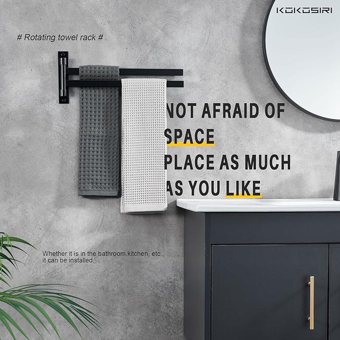 KOKOSIRI Bathroom Towel Bars Swivel Towel Rails Matte Black Swing Out Hand Towel Holder 2-Arm for Bath Kitchen Wall Stainless Steel B5007BK-A2