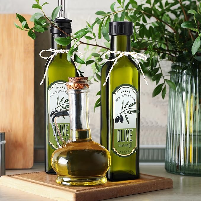Honeydak 12 Sets 8 oz Glass Olive Oil Bottles Mini Empty Sauce Condiment Bottles with Pourers Sticker Glass Olive Oil Dispenser Vinegar Dispenser for Storing Wedding Baby Shower Gifts