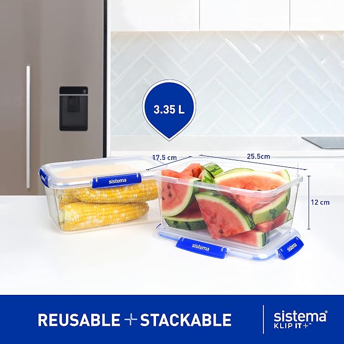 Sistema KLIP IT+ 3.35L Rectangle Food Storage Containers (3-Pack), Stackable & Airtight Food Boxes with Lids, Dishwasher, Freezer, & Microwave-Safe, BPA-Free, School Lunch Boxes