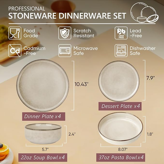 Herogo Dinnerware Sets with Pasta Bowls, 16 Piece Plates and Bowls Set for 4, Modern Stoneware Dinner Dishes for Kitchen Dinning, Dishwasher & Microwave Safe, Cream Khaki