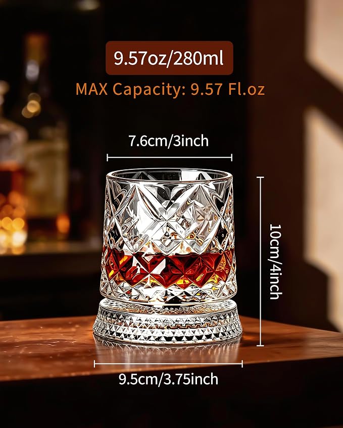 CEEFU Old Fashioned Whiskey Glasses with 360° Rotating Base, Set of 2 (2 Crystal Glasses Set, 2 Big Ice Ball Molds) In Gift Box - Bourbon, Cocktail, Rocks, Bday Gifts Ideas for Men, Ice Crackle
