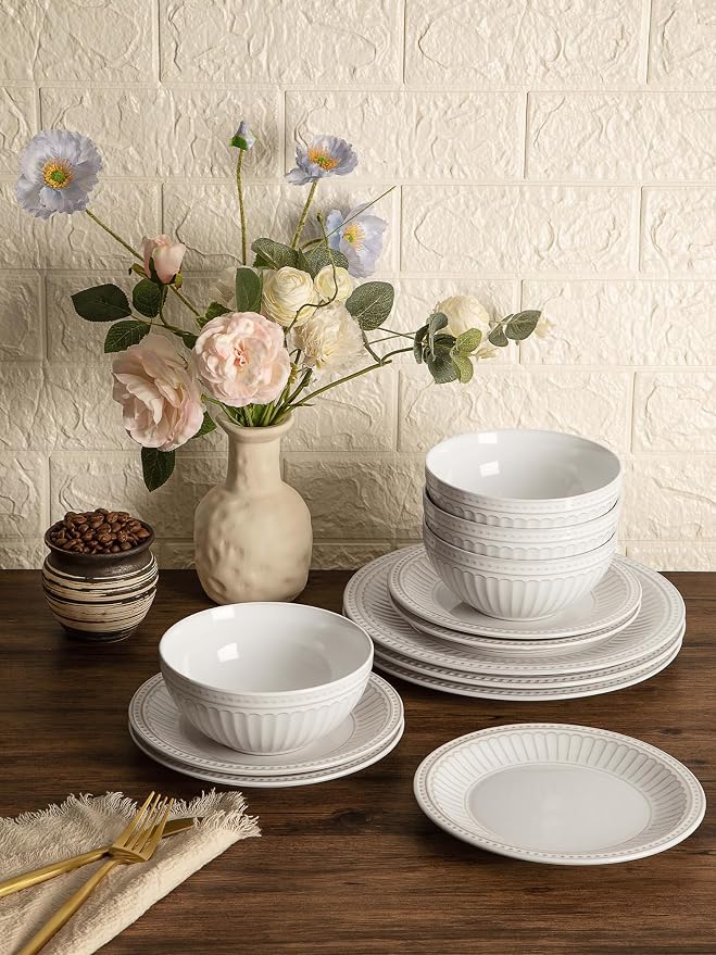 Famiware Garden 18-Piece Embossed Plates and Bowls Sets, Stoneware Reactive Glaze Dishes Dinnerware Set, Modern Rustic, Chip & Scratch Resistant, Microwave & Dishwasher Safe, Service for 6, White