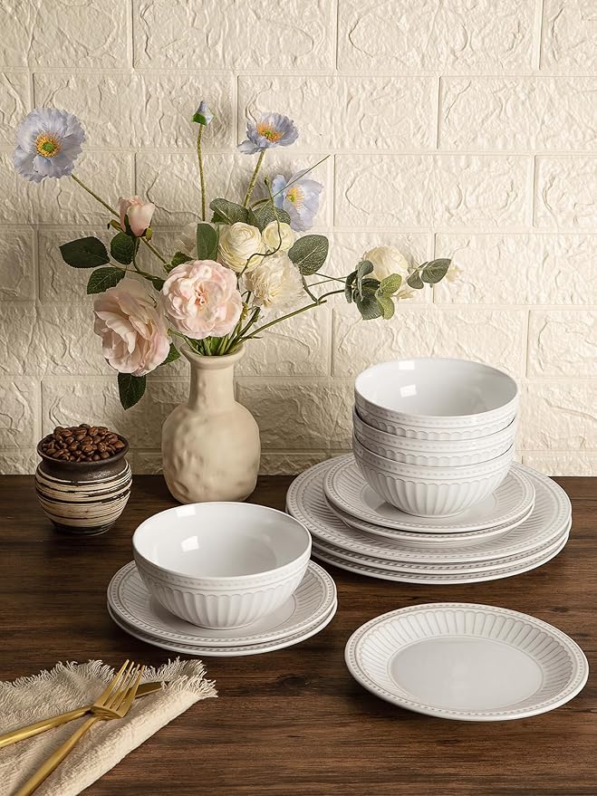 Famiware Garden 24-Piece Embossed Plates and Bowls Sets, Stoneware Reactive Glaze Dishes Dinnerware Set, Modern Rustic, Chip & Scratch Resistant, Microwave & Dishwasher Safe, Service for 8, White