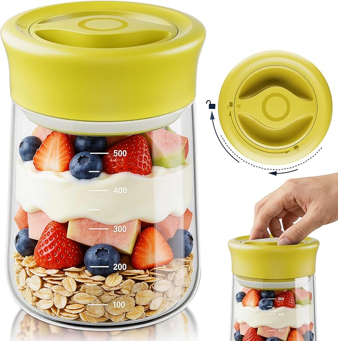 OURCABECUE Wide Mouth Mason Jar 16oz, Newly Upgraded Easy Open Rotating Lid, Food Grade Glass Storage Jar for Overnight Oats Yogurt Snacks Candy Jars