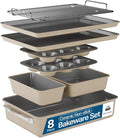 Bakken 8-Piece Ceramic Coated Bakeware Sets, Nonstick Aluminized Steel Pans with Muffin, Loaf, Cake, Roasting Pan, & Cooling Rack, Oven Safe Up To 500°F, Dishwasher Safe, BPA, PTFE & PFAS Free, Cream