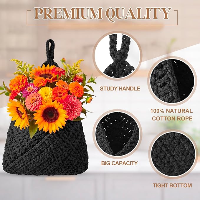 Honeydak Boho Decor Hanging Wall Baskets for Kitchen 3 Pack Teardrop Baskets with Hooks Storage Fruit Onion Vegetable Potato for Home 3 Sizes(Black,Triangle,Cotton Rope)