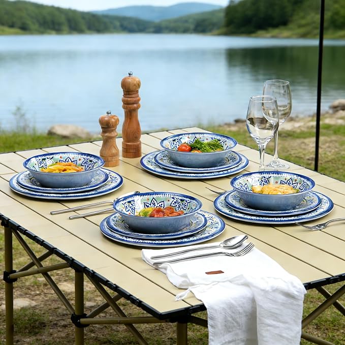 12-Piece Blue Melamine Dinnerware Set, Service for 4, Unbreakable Kitchen Plate and Bowl Set for Indoor & Outdoor Use, Lightweight and Durable, Great for Camping, Picnics, Parties and RVs