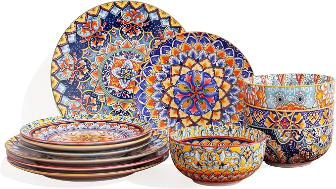 12-Piece Bohemian Porcelain Dinnerware & Dish Sets for 4 – Microwave & Dishwasher Safe, Scratch & Chip Resistant, Colorful Ceramic Plates & Bowls for Kitchen, Wall Decor & Housewarming Gift