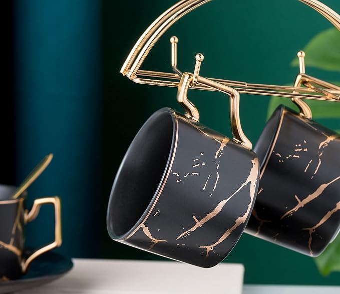 Jusalpha Serve of 4- Hand Printed Golden Matte Ceramic Marble Tea Coffee/Tea Cups with Spoons and Cup Holder, 7OZ -TCS26 (Black/Gold, Serve of 4)
