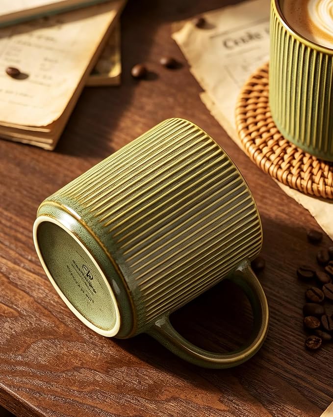 famiware Coffee Mug Set for 4, Star 12 oz Catering Mugs Cup Set with Handle for Coffee, Tea, Cocoa, Milk - Ceramic Stoneware Drinkware Set, Moss