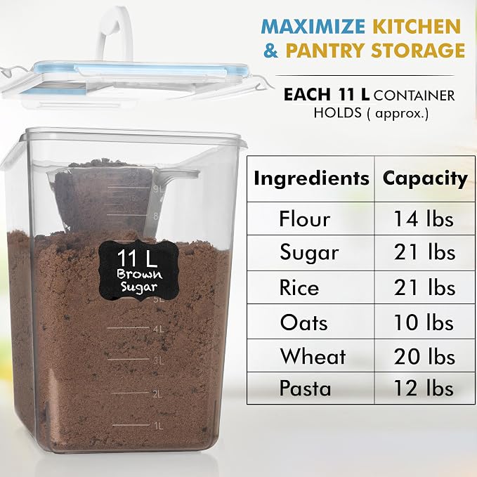 Shazo 2 PC (11L | 372 oz) Flour Sugar Storage Containers with Easy Carry Handle - Plastic Extra Large Food Storage Containers with Lids for Rice Cereal, BPA Free & Airtight Kitchen Pantry Organization