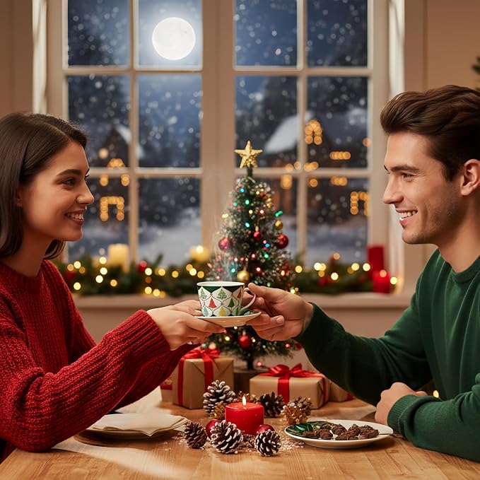 Espresso Cups and Saucers Set of 2, 4 oz Ceramic Small Coffee Mug with Handle,Green Gold Festive Tree Pattern for Tea, Latte, Cafe, Microwave & Dishwasher Safe, Decorative Holiday Gift Box