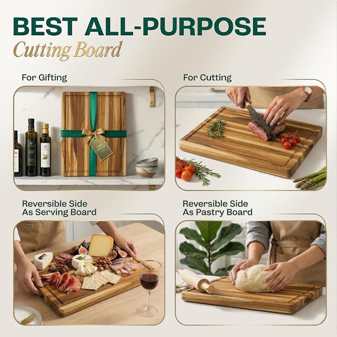 Teak Wood Cutting Boards for Kitchen, [18" x 14" x 1.25"] Medium Wooden Cutting Boards, Knife Friendly Butcher Block Cutting Board with Deep Juice Grooves and Built in Handle