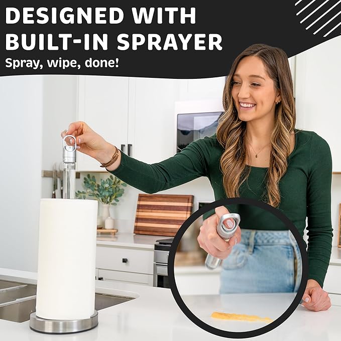 Stainless Steel Paper Towel Holder with Spray Pump – One-Handed Tear, Smart Traction System, 5 oz Sprayer Bottle, Heavy Duty Suction Cups, Weighted Base, Kitchen Towel Dispenser for Countertop Use