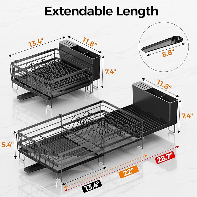 Delamu Stainless Steel Dish Drying Rack, Expandable Dish Drainer, Anti-Rust Large Dish Racks for Kitchen Counter, Dish Strainers with Drainboard, Utensil & Cup Holder, 13.4"-28.7" L x 11.8" W, Black
