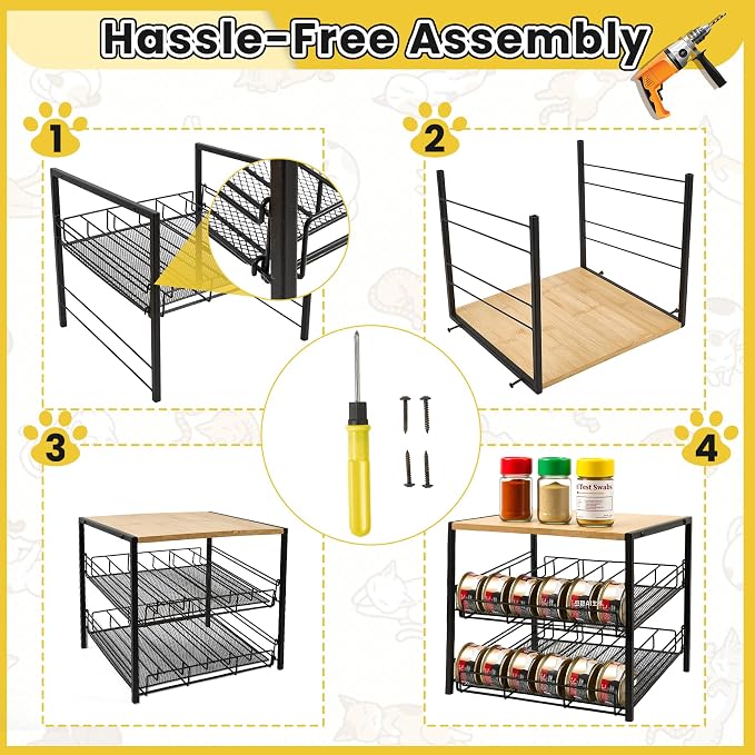 Bamboo & Iron Cat Food Organizer for Pantry, 2-Tier Can Stackable Storage Rack Holds 48 (3oz) Cans, Flat Top for Extra Storage, Automatic Slide-Down Perfect for Pet Food Cans