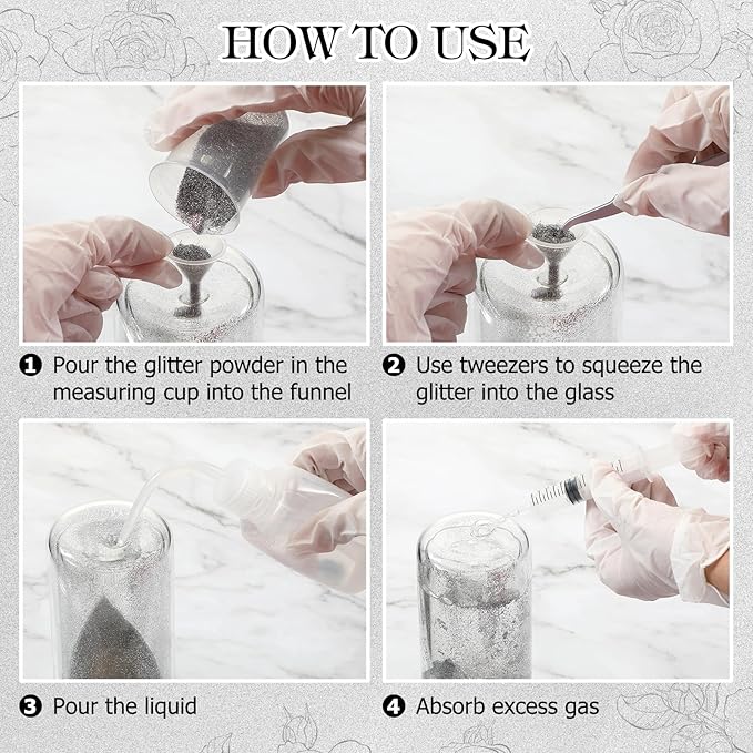 Baderke 20 Pcs Snow Globe Tumbler DIY Kit 16 oz Tumbler Squeeze Bottle, Glitter, Funnel Tweezer Silicone Cup Cradle Measuring Cup Glove Flashlight Buffer for Beginner(White,Classic)