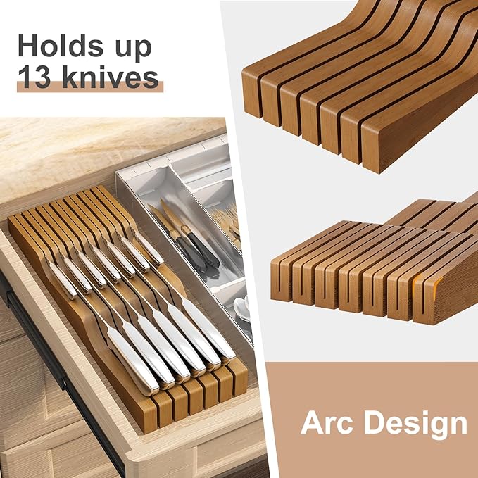 In-Drawer Knife Block Organizer - Bamboo Wood Drawer Knife Organizer-Protecting Knife Organizer Block (Not Included) (Brown, 13 Knives Dock)