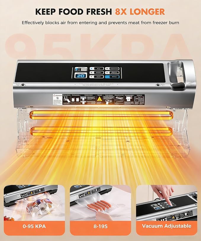 Food Vacuum Sealer Machine, 95KPa Powerful Food Saver with Dry/Moist/External Vacuum Modes, Built-in Cutter & Bag Storage, Single/Double Sealing, 1 Bag & 15 Pre-cut Bags（Silver）