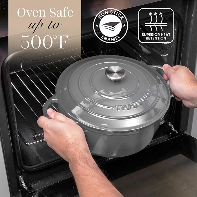 Nuovva Enamelled Cast Iron Dutch Oven Pot with Lid-6.4 Quart Non Stick Casserole Pot-Heavy Duty & Oven Safe up to 500° F for Bread Baking, Braising, Stews, Roasting - 28cm Grey