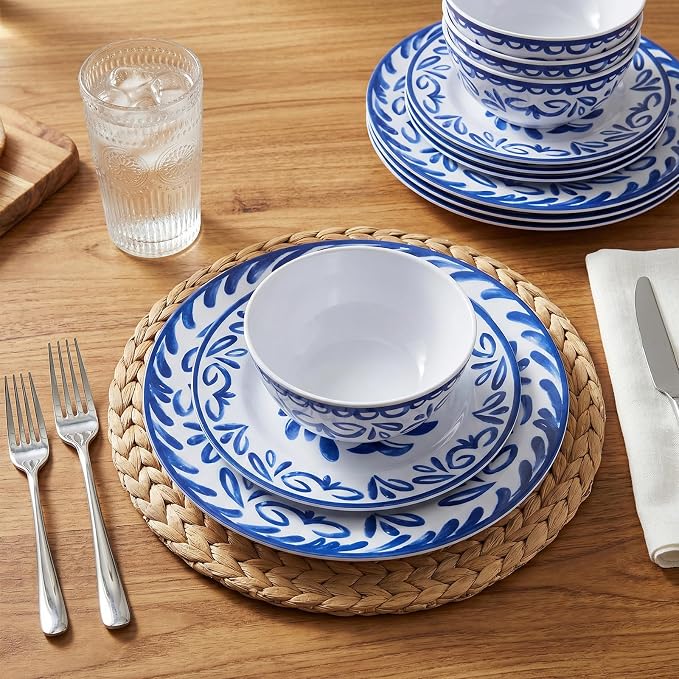 12-Piece Melamine Plates and Bowls Set - Blue & White Dinnerware Set， Service for 4, Lightweight Melamine Dishes Set for Indoor and Outdoor Use，Artistic Blue Floral