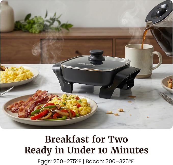 Elite Gourmet EG808C Electric Skillet 8"x8" PFAS-Free Ceramic Non-Stick, Tempered Glass Vented Lid, Removable Thermostat 200–400°F, Dishwasher Safe, 2.5-Qt Capacity for One-Pot Meals, Black