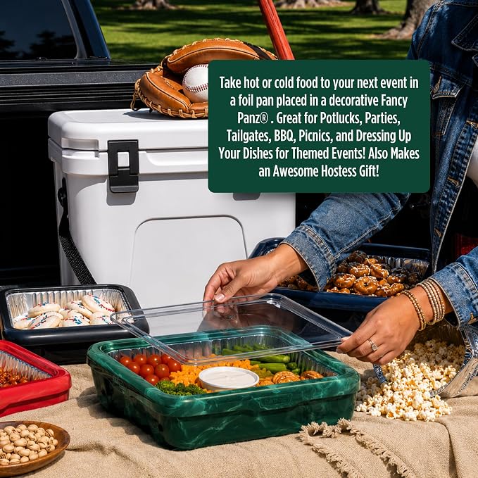 Fancy Panz Green Marble Premium Aluminum Foil Pan Carrier with Secure Latch Lid & Hot/Cold Gel Pack - Made in USA Reusable Casserole Carrier for Half Size Pans - Food Transport Holder for Entertaining