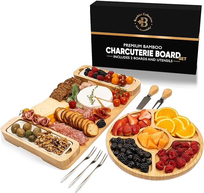 Charcuterie Boards Gift Set - Large Bamboo Cheese Board with Serving Tray, Knives and Bowls for Meat, Cheese and Crackers, for Mom, Housewarming, Wedding, Birthday Gifts for Women