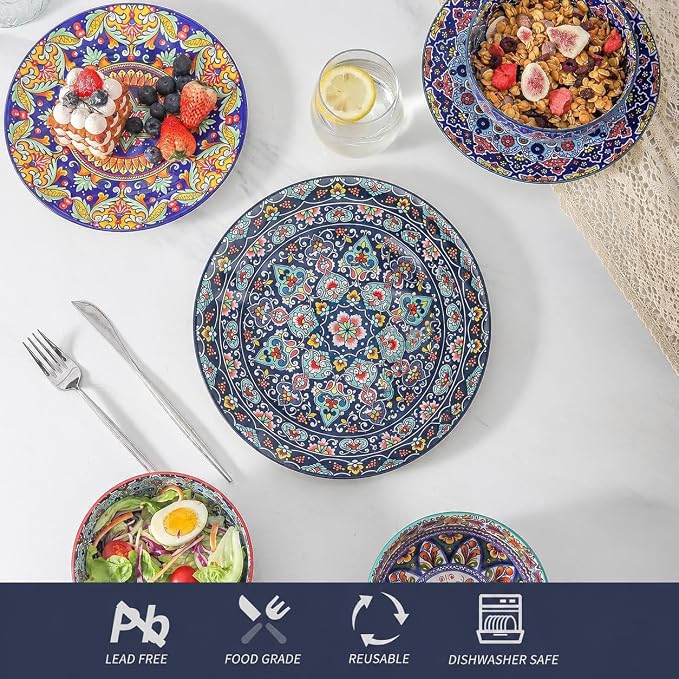 HASENSE 18 Pieces Kitchen Dinnerware Sets Service for 6, Bohemian Style Plates and Bowls Set, Ceramic Vintage Tableware Dishes Set, Scratch Resistant Microwave and Dishwasher Safe, Assorted Color
