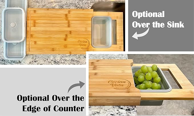 Cocina Vida Customizable Bamboo Cutting Board with 4 Collapsible Containers and Strainer - All-In-One Personalized Cutting Board with Slide-Out/Expander - Kitchen Must Have