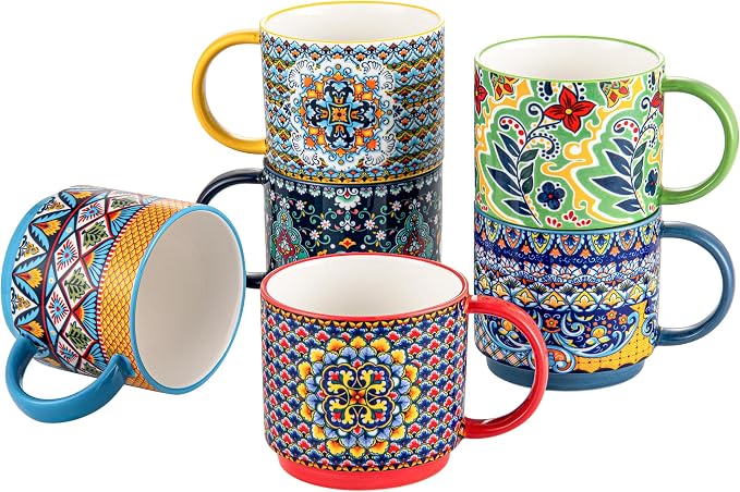 HENXFEN LEAD Coffee Mugs Set of 6, 12 oz Stackable Ceramic Coffee Cups with Large Handles, Boho Mug Set for Coffee, Tea & Hot Cocoa, Dishwasher & Microwave Safe